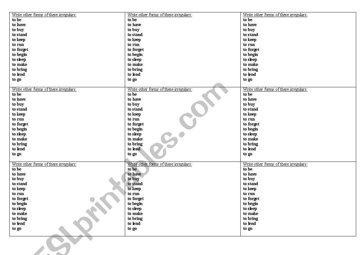 Irregular verbs test worksheet