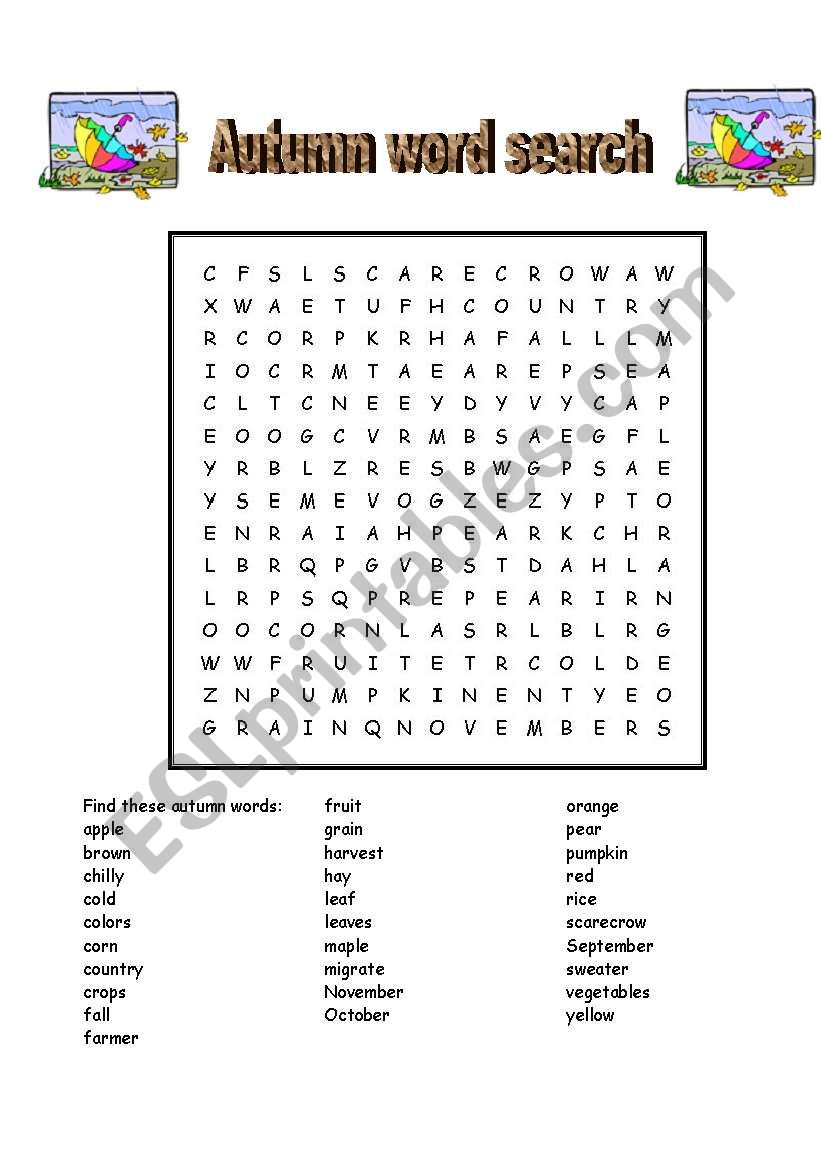 Autumn word search worksheet