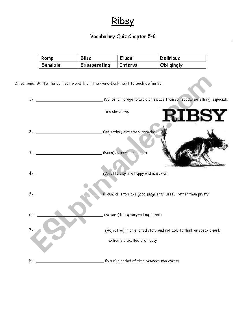 Ribsy ch 5 & 6 vocab quiz worksheet