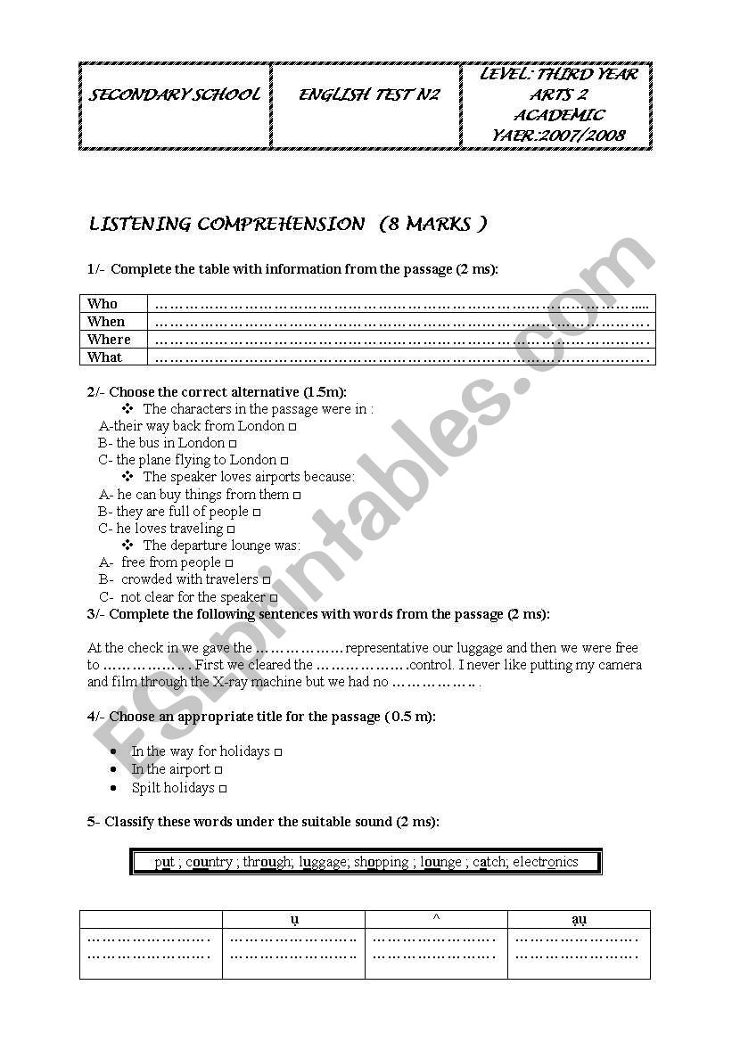 TEST 2 FOR 3rd YEAR SECONDARY worksheet