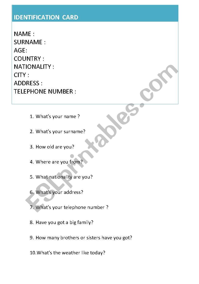 Preparing An ID Card worksheet