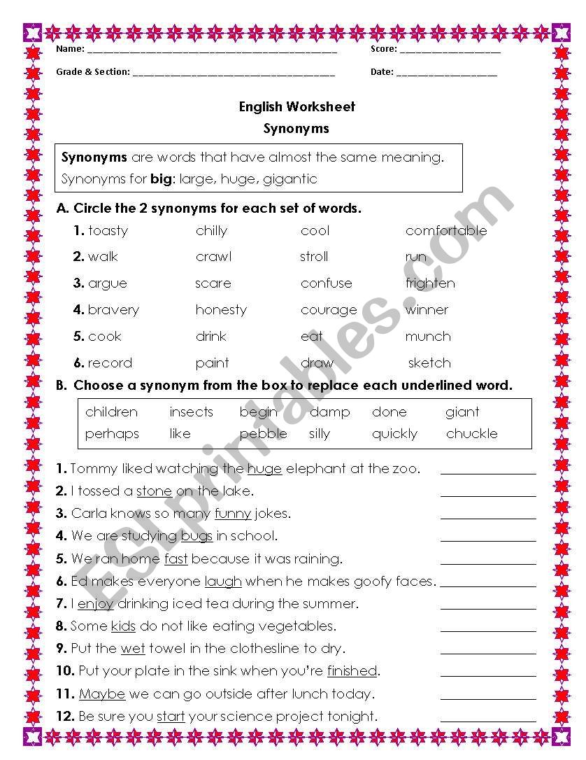 Synonyms worksheet