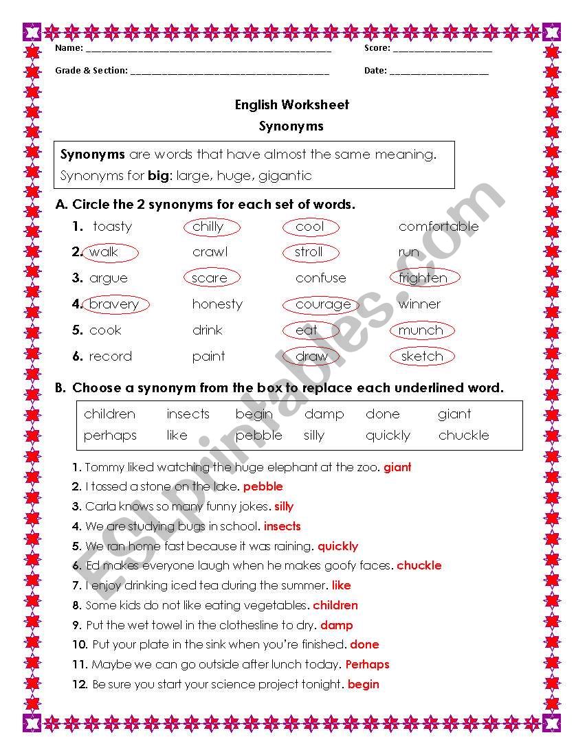 Synonyms Esl Worksheet By Vangz2