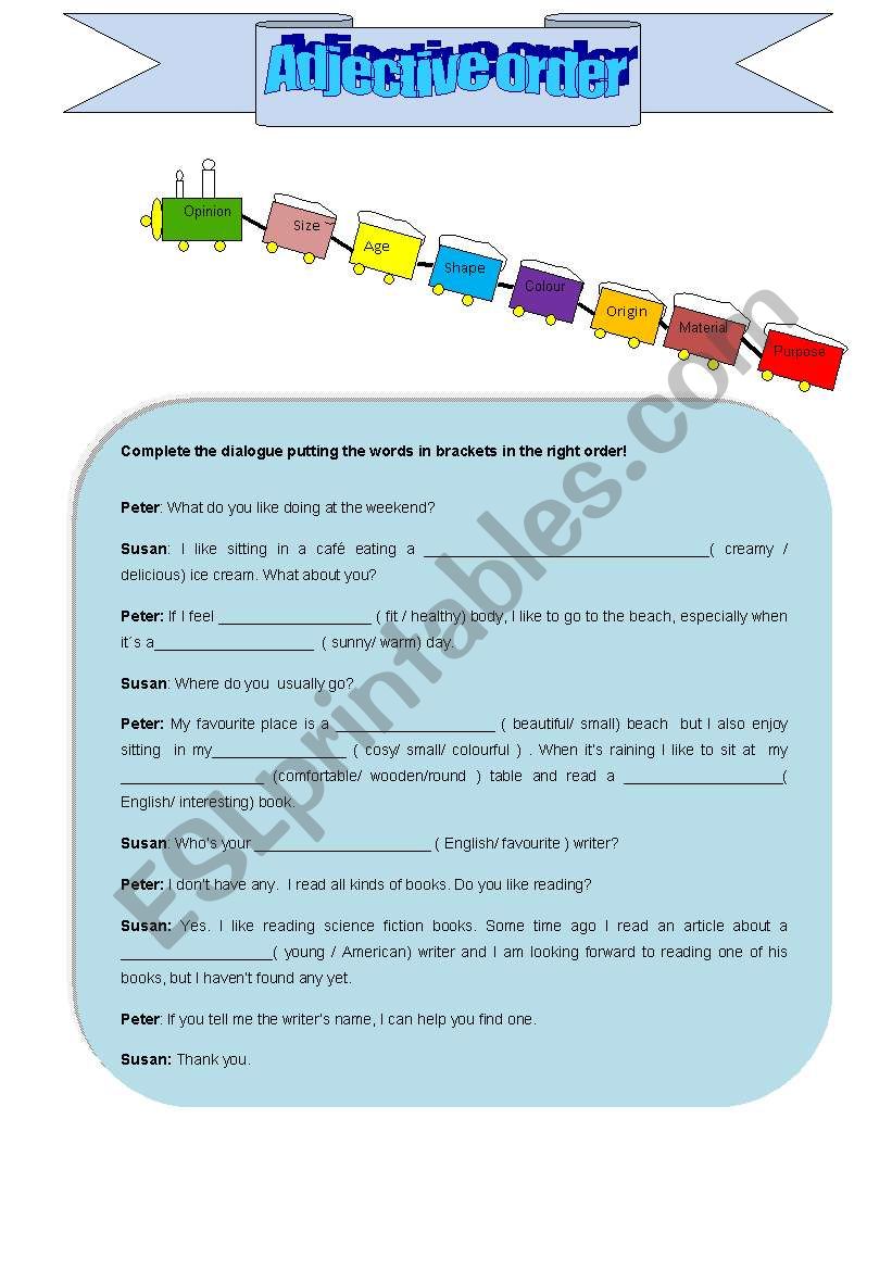 Adjective order worksheet