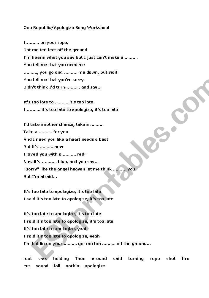 One Republic/Apologize Song Worksheet