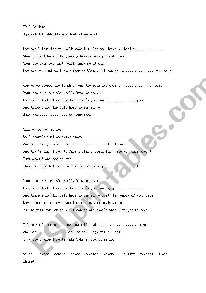 Phil Collins/Againt All Odds Song Worksheet