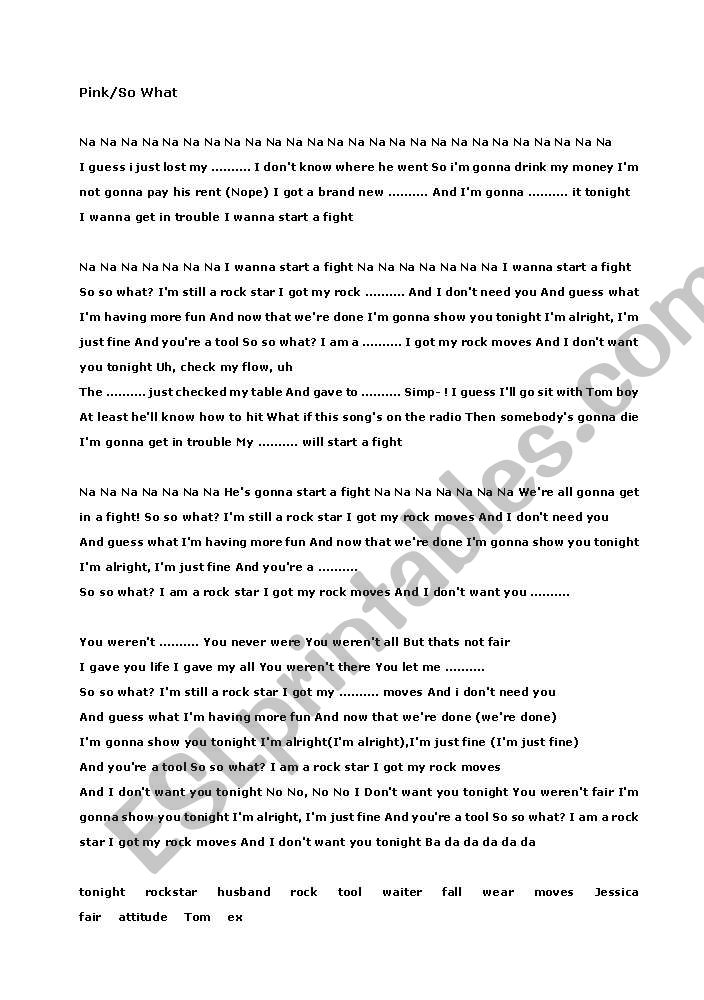 Pink/So What Song Worksheet worksheet