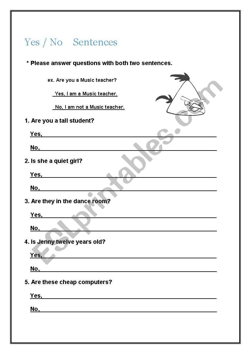 yes no sentences worksheet