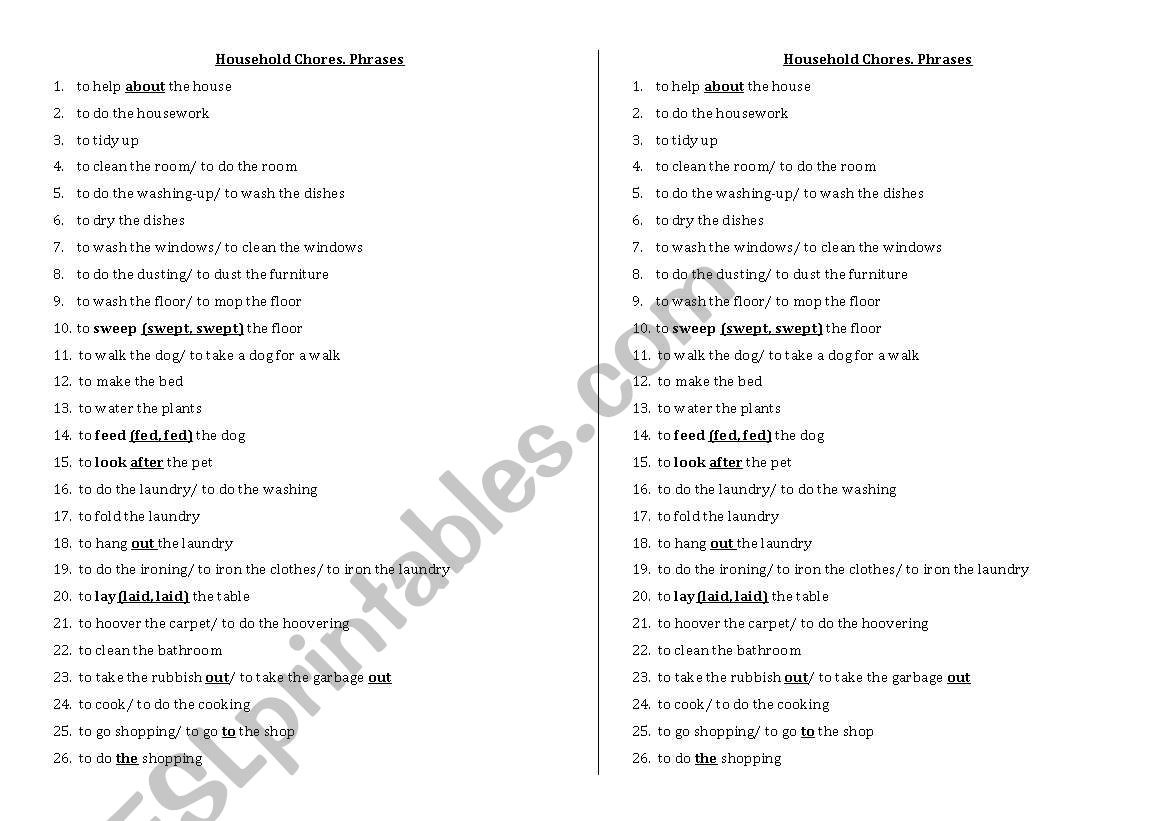 Household Chores. Phrases worksheet