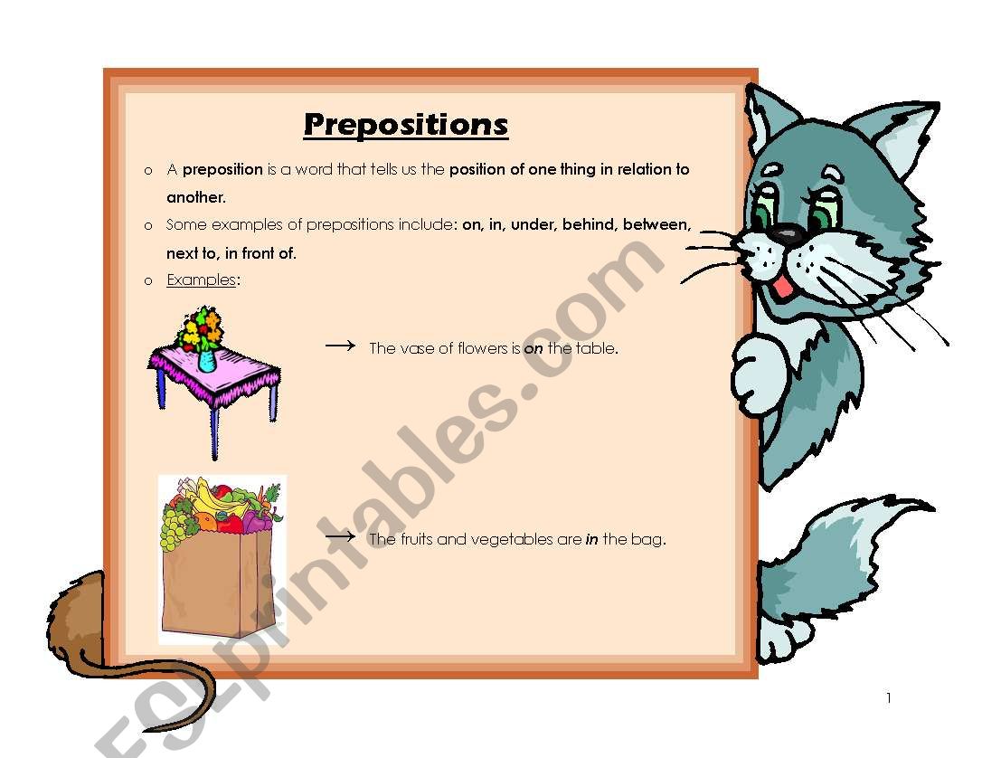 Prepositions Notes Handout worksheet