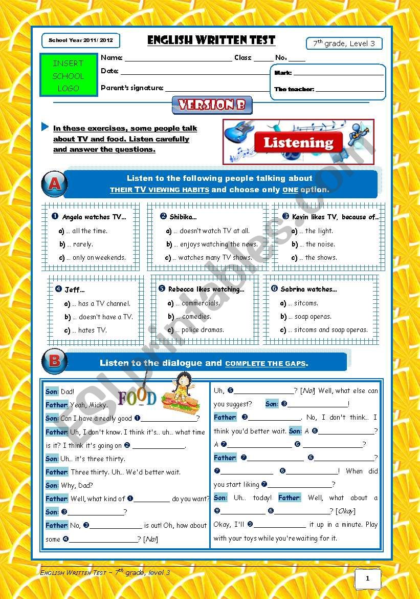 TV+Food Test (7th grade) + correction PART 1 (Version B)