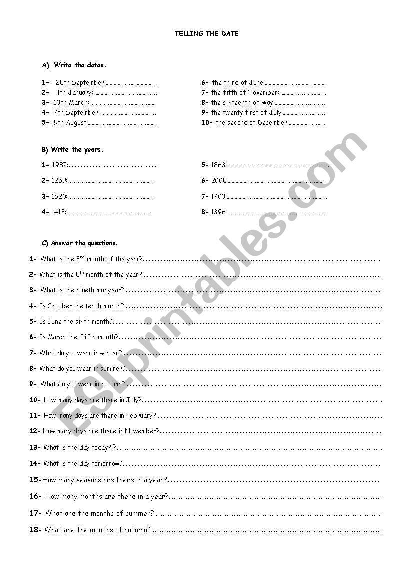 telling the date worksheet