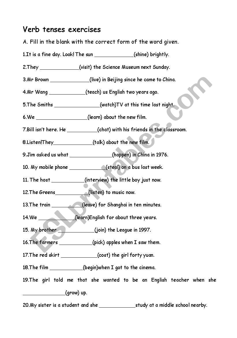 Verb tenses exercises worksheet