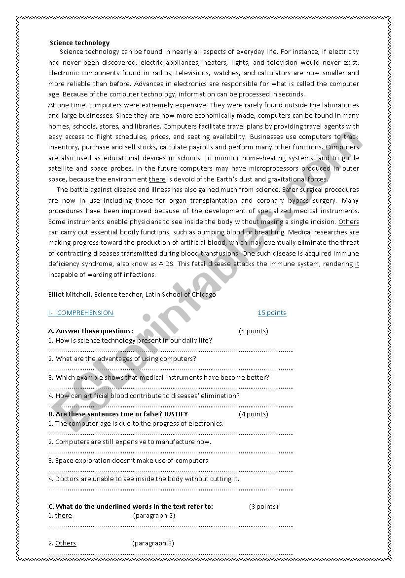 Science and technology worksheet