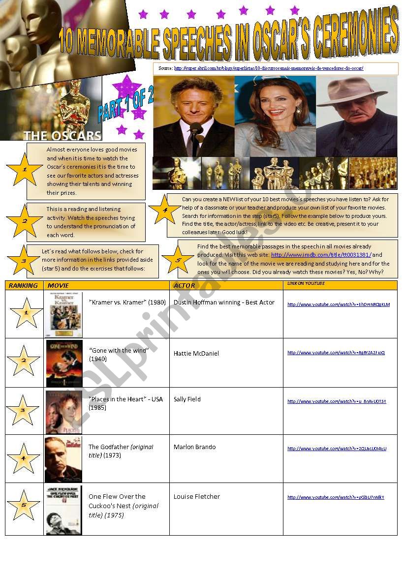 10 Most memorable SPEECHES in OSCARÂ´S CEREMONIES (3 pages) PART 1 OF 2 --- 07 Exercises and instructions 