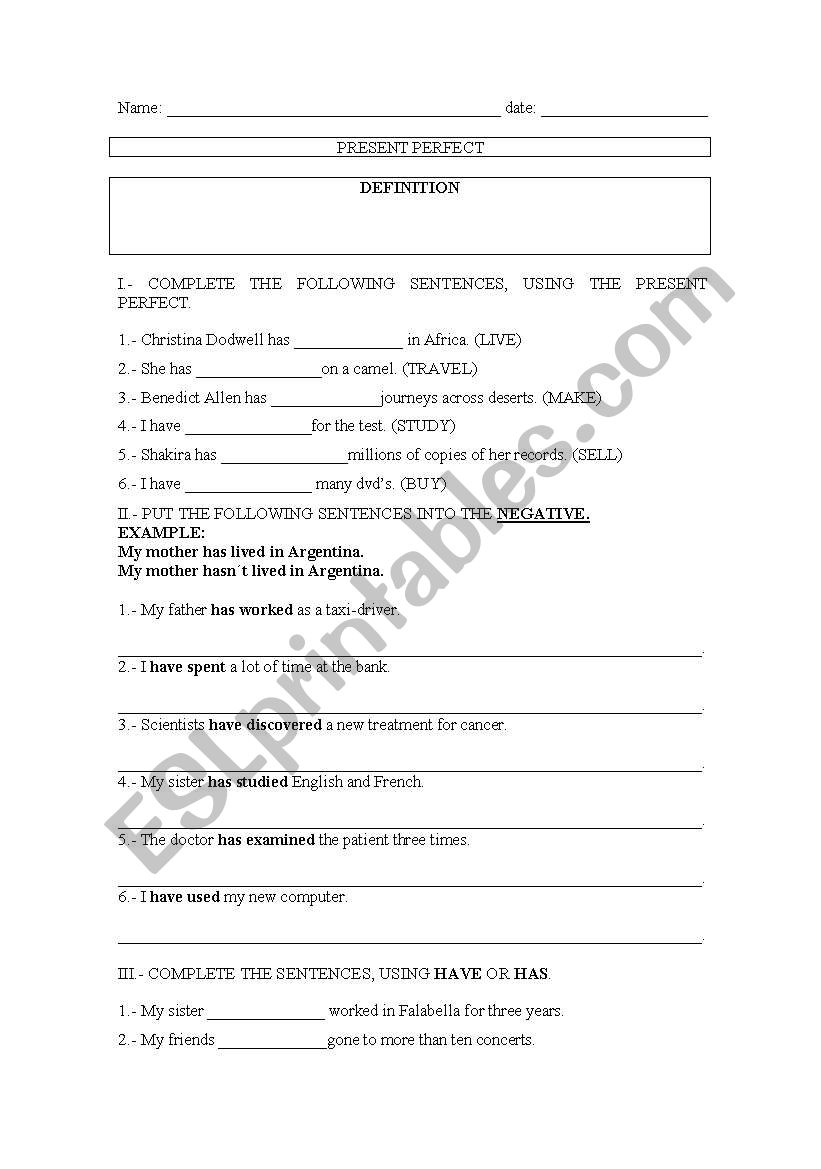 presen perfect worksheet