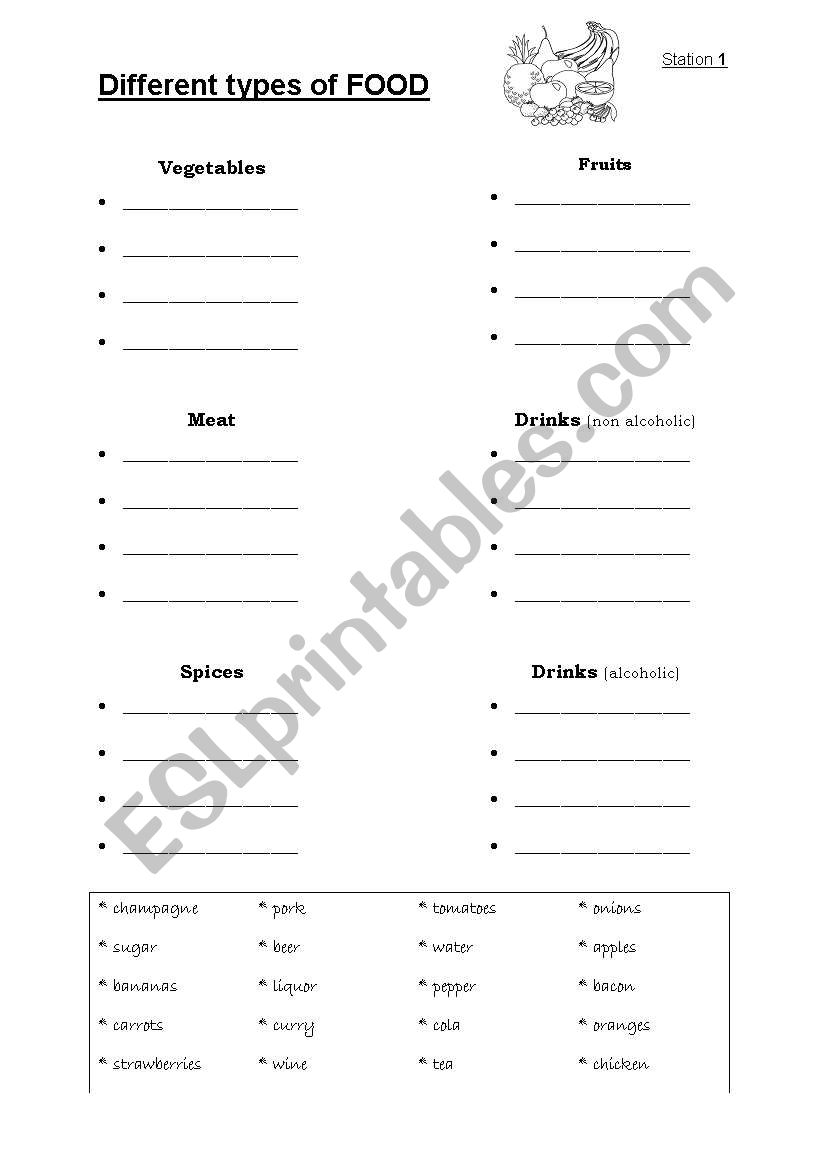 different types of food worksheet