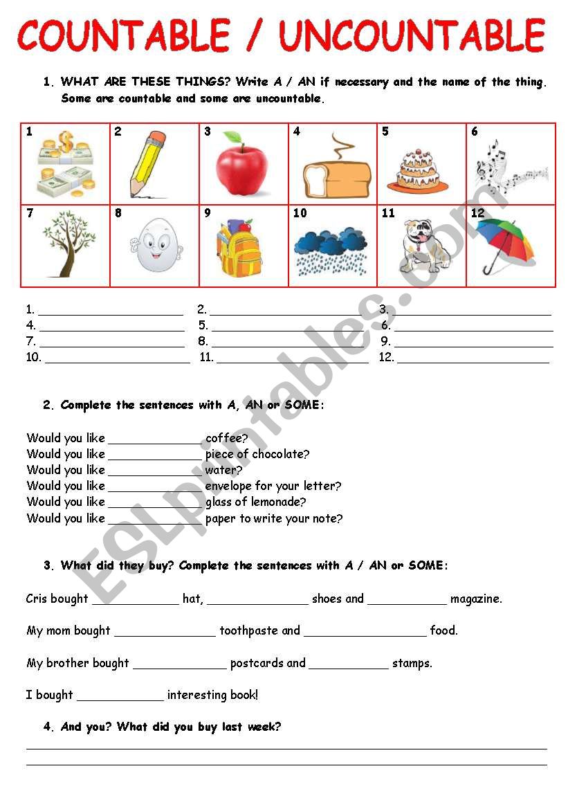 COUNTABLE / UNCOUNTABLE NOUNS worksheet