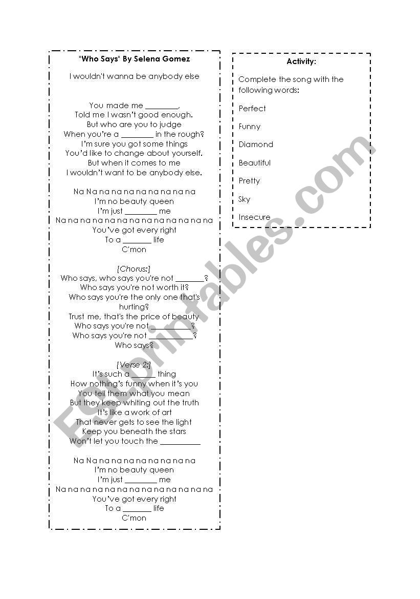 who says song by Selena Gomez worksheet