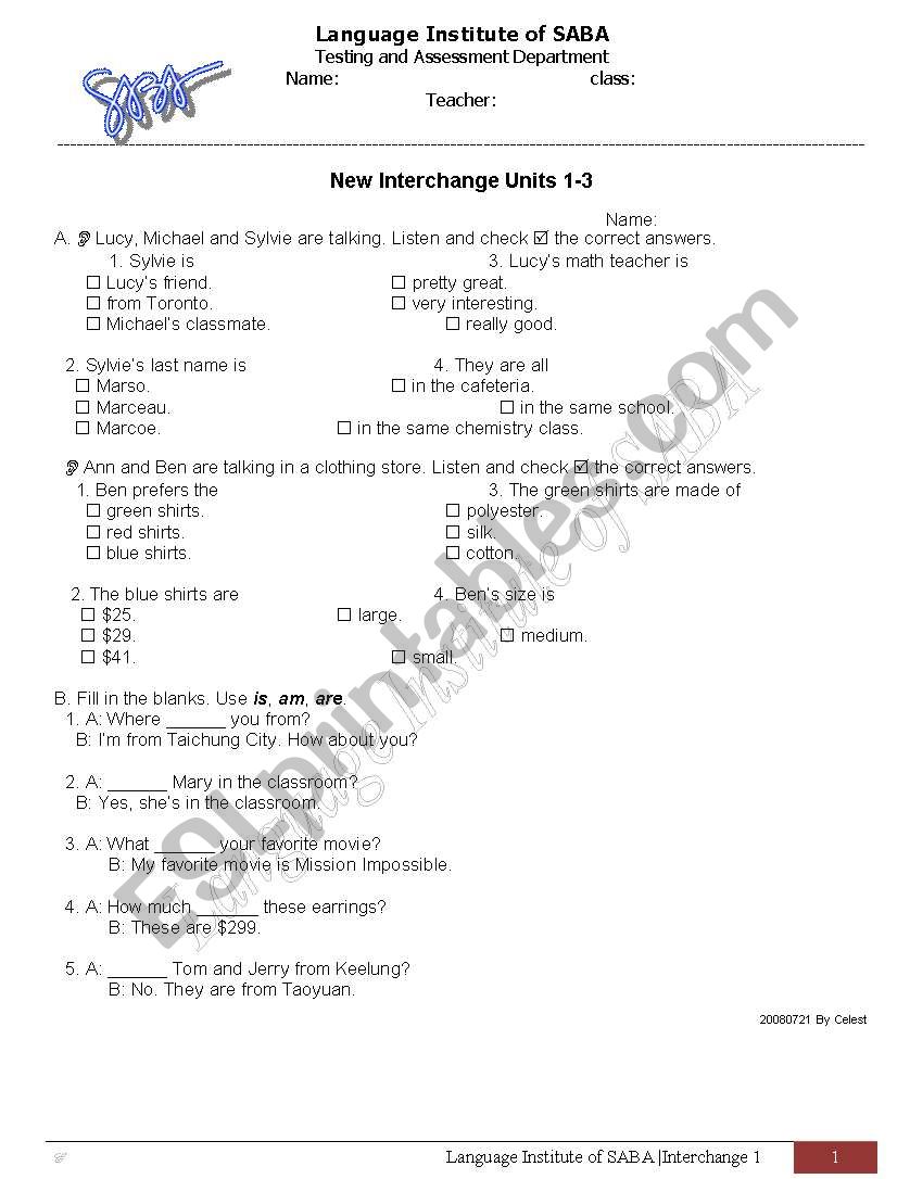 interchange book one unit 1-6 review quiz