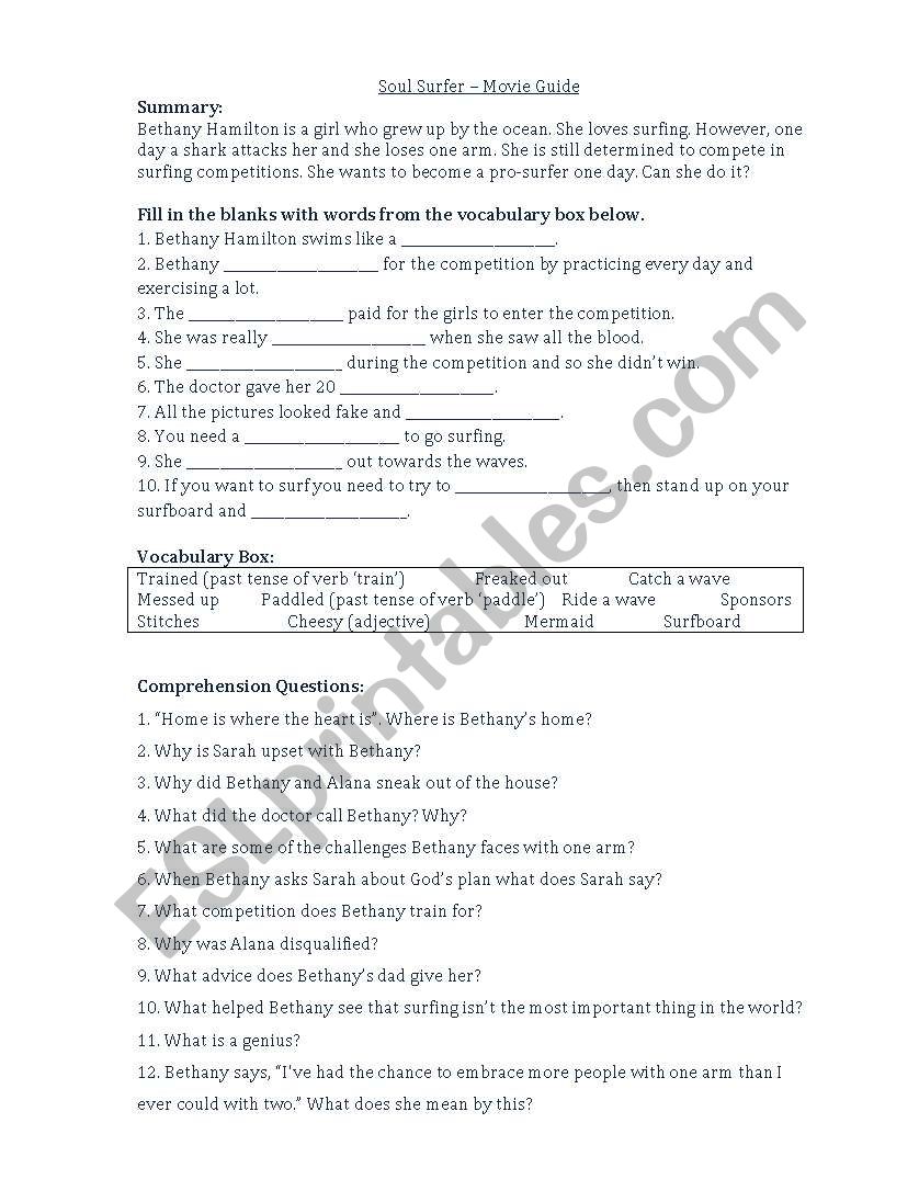 Soul Surfer Movie Guide worksheet