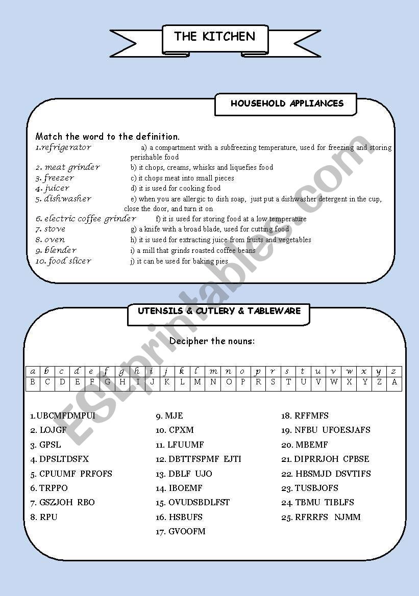 kitchen worksheet