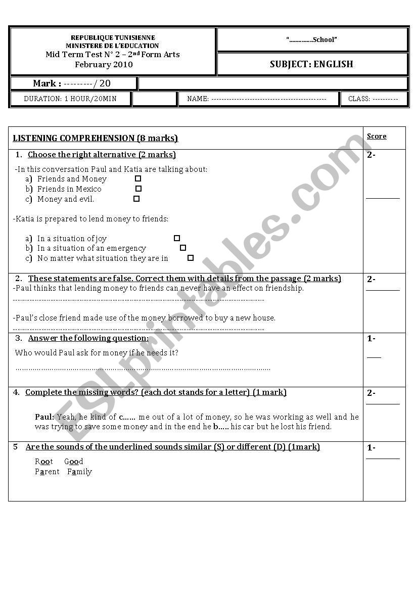 2nd form mid term test worksheet