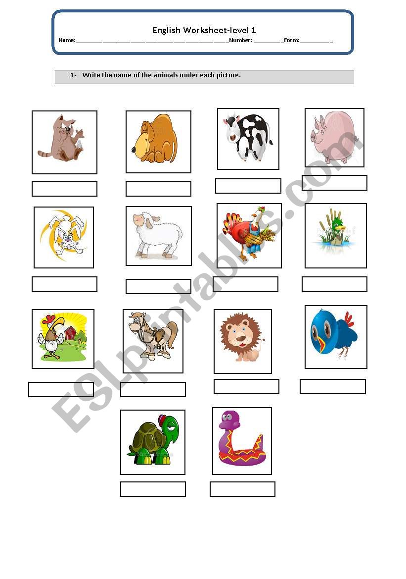 names of animals worksheet