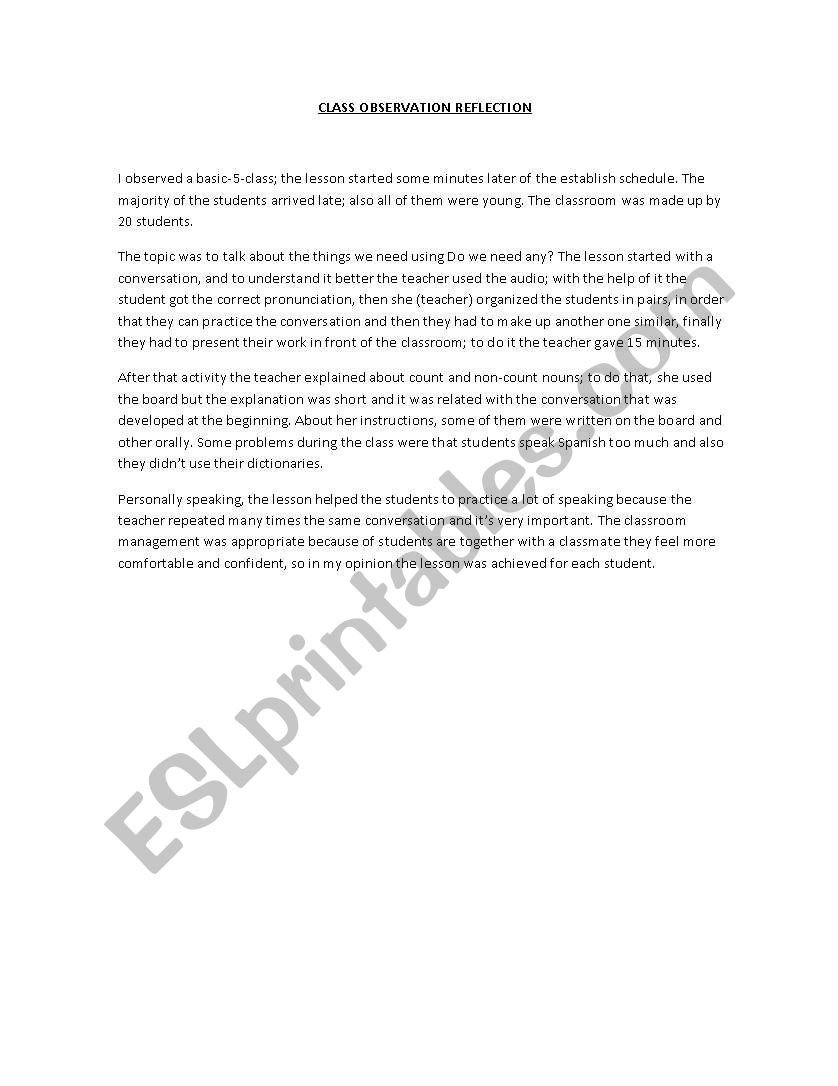 class observation worksheet