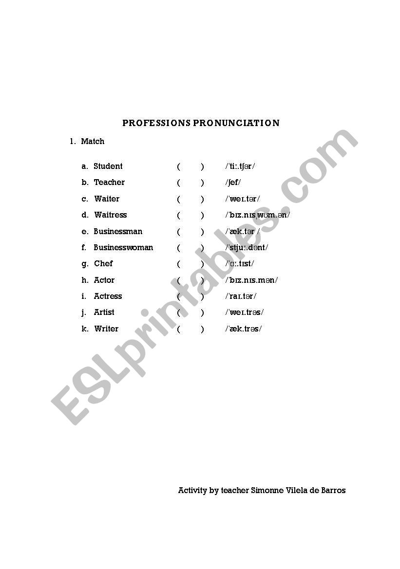 Professions pronunciation worksheet