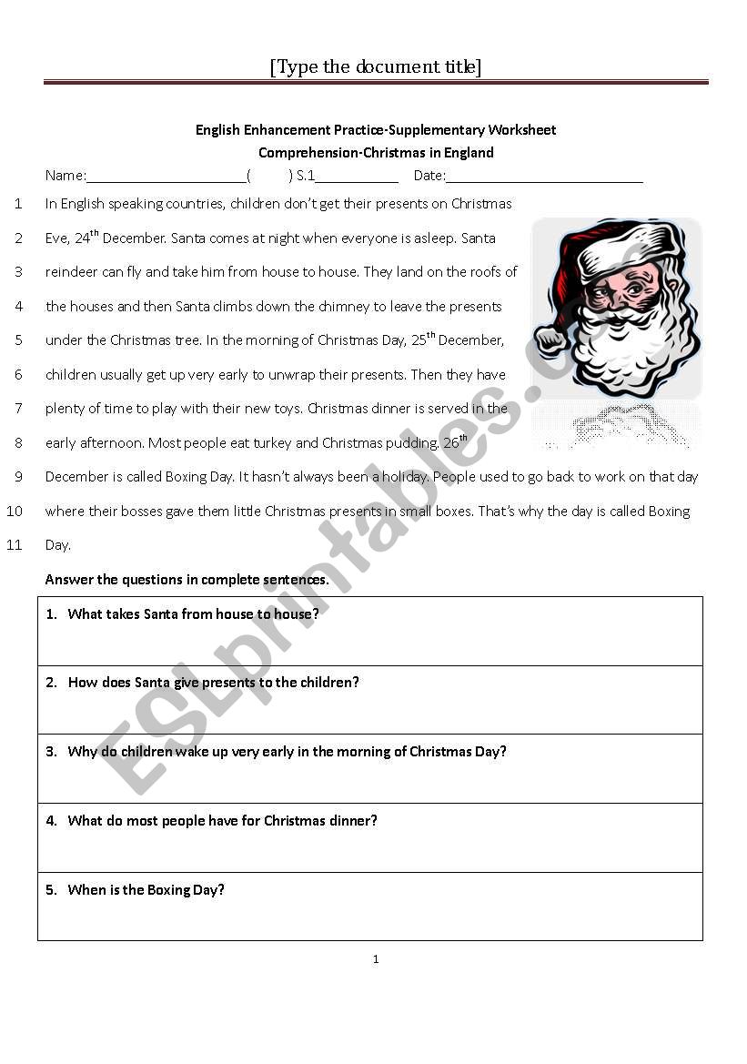 Christmas in England worksheet