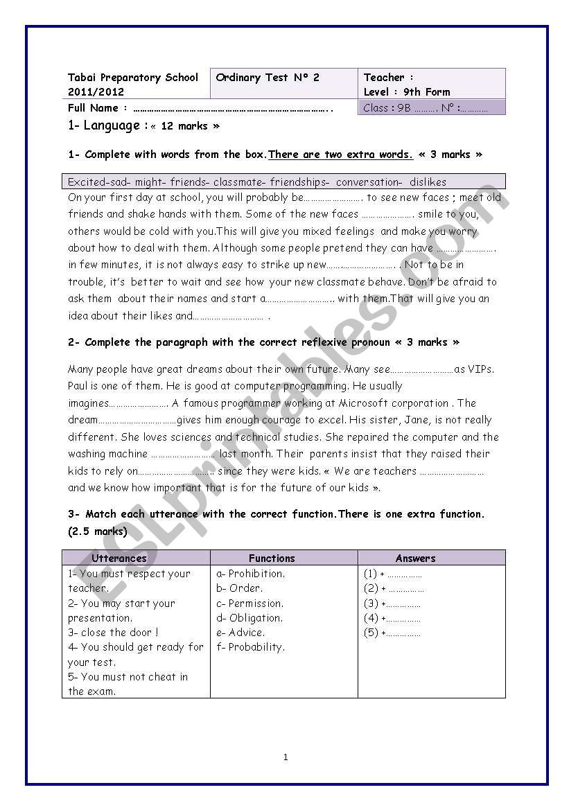 9thFormMidTermTestN2 worksheet