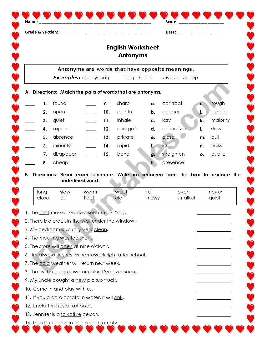 Antonyms worksheet