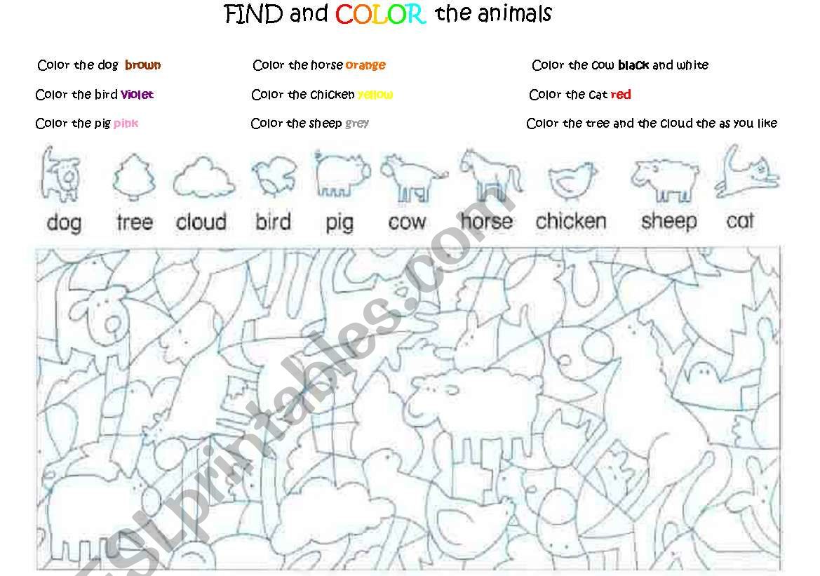 Find and color the animals worksheet