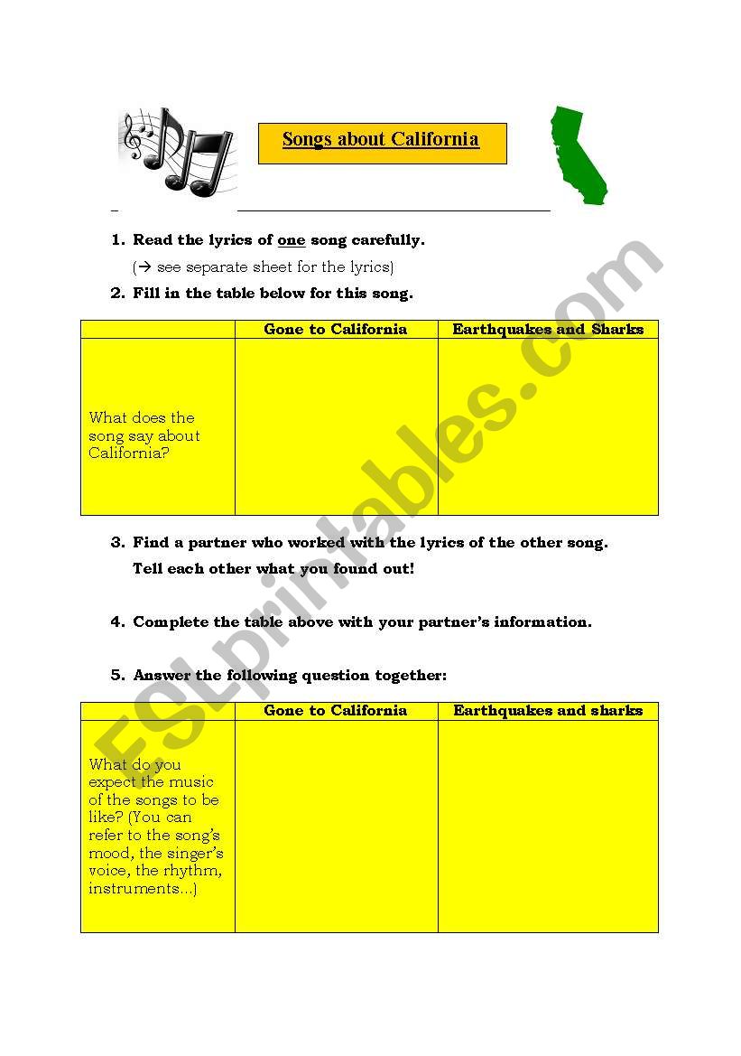 Songs about California - a partner activity (with lyrics and answer key)