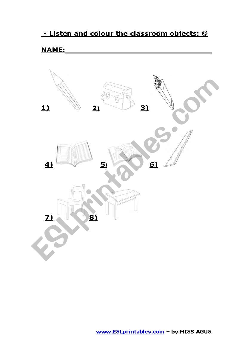 COLOUR THE CLASSROOM OBJECTS worksheet