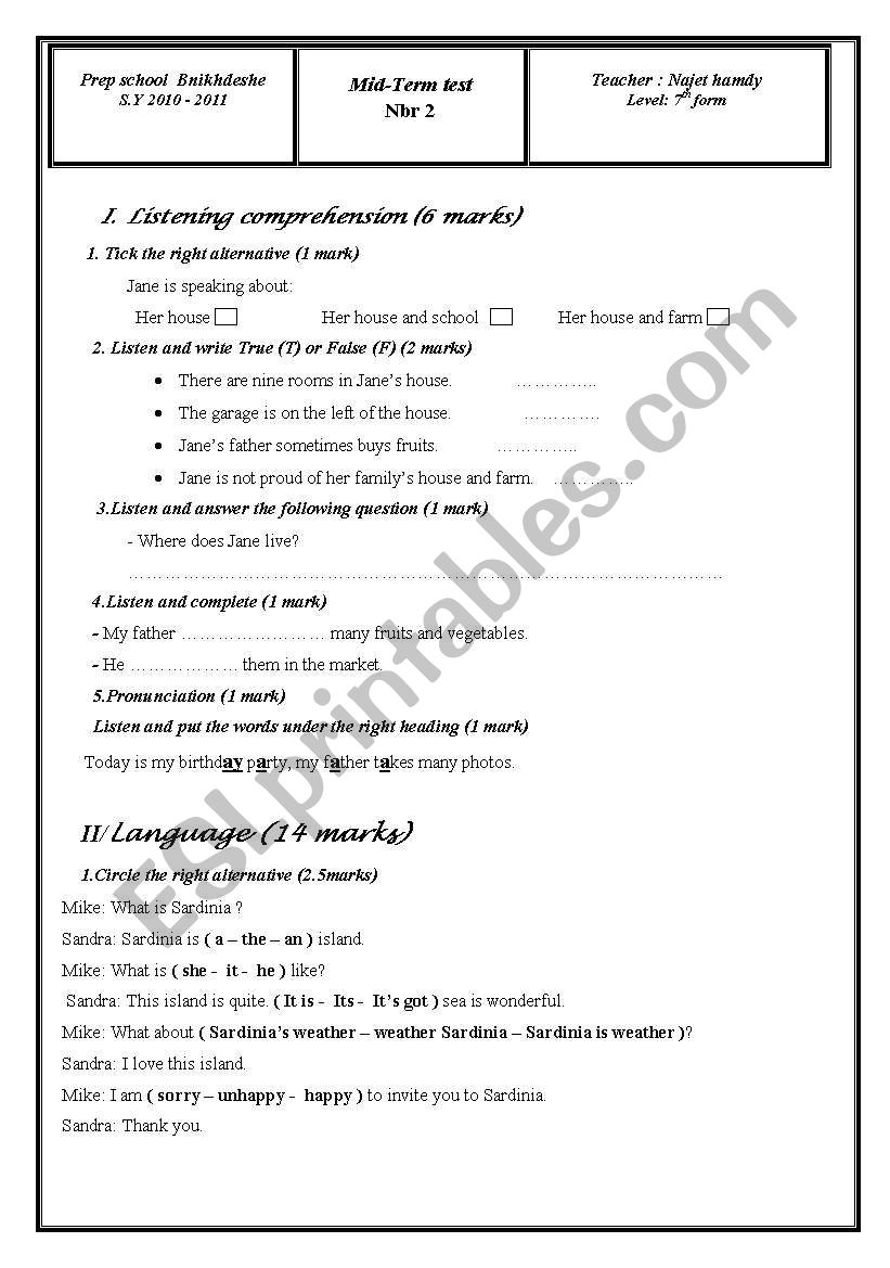 mid-term test 7th form worksheet