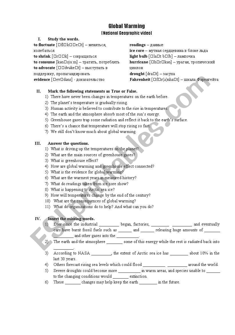 Global Warming (tasks to a video by National Geographic)