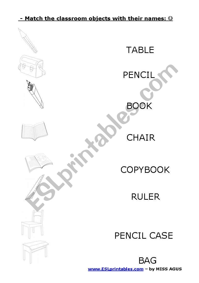 English worksheets: - Match the classroom objects with their names