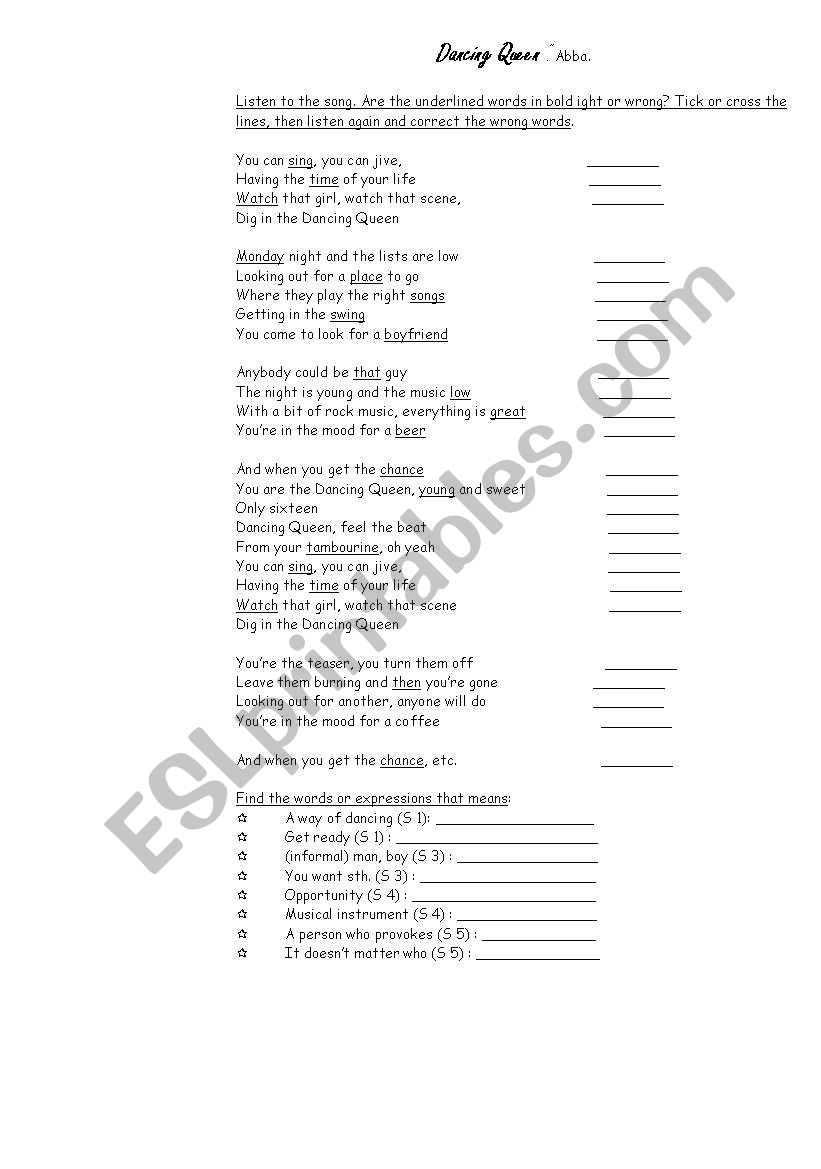 Dancing Queen worksheet