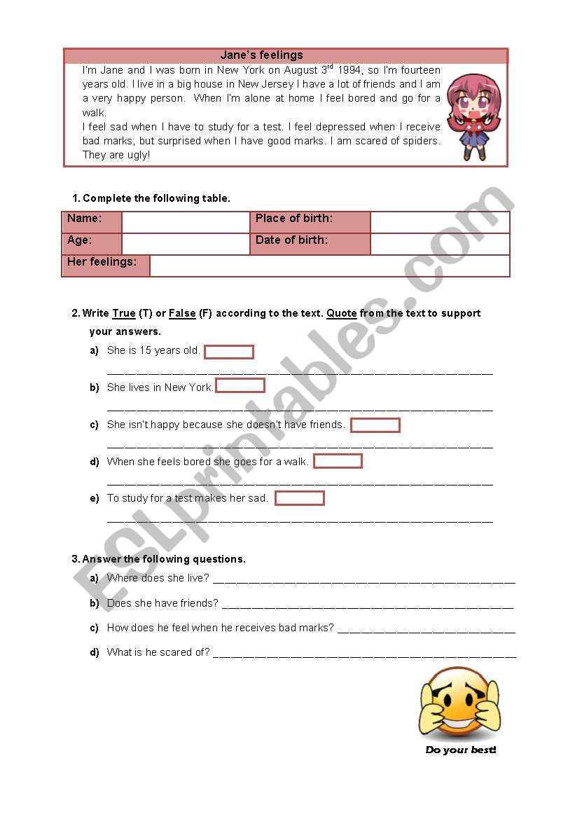 Janes feelings worksheet