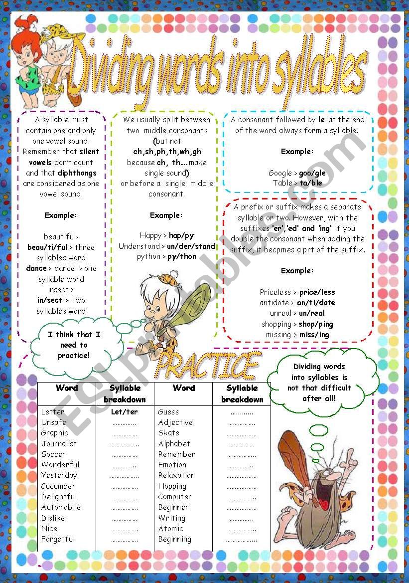 DIVIDING WORDS INTO SYLLABLES worksheet