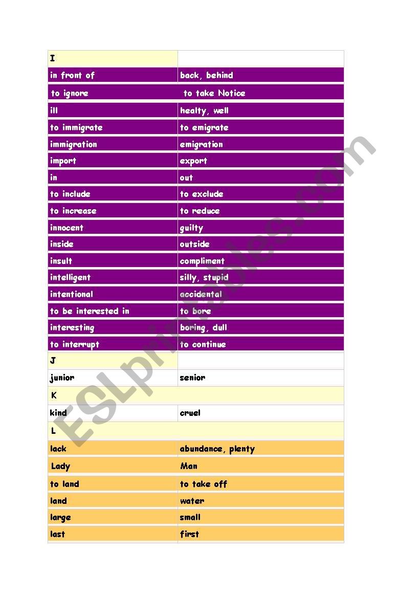 Opposites worksheet