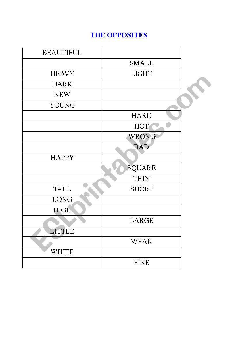 THE OPPOSITES worksheet