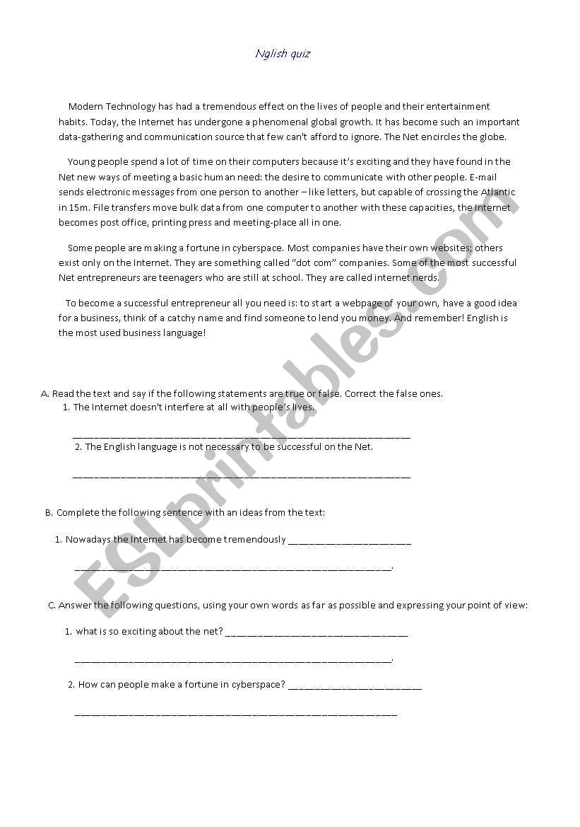 English quiz worksheet