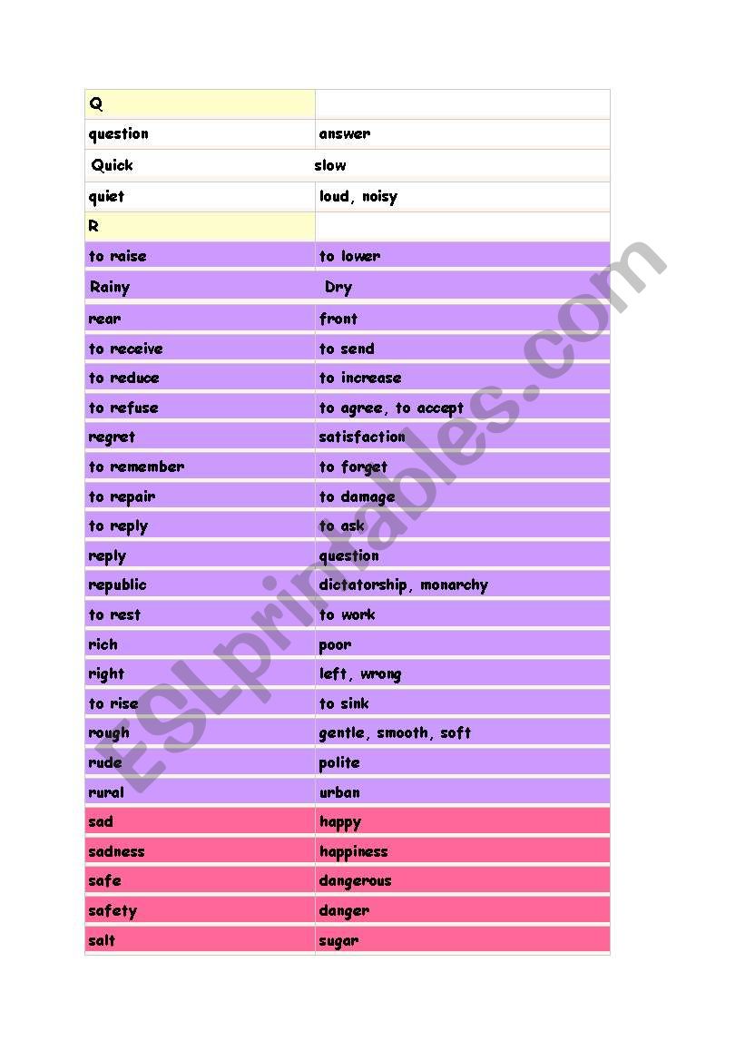 opposites worksheet