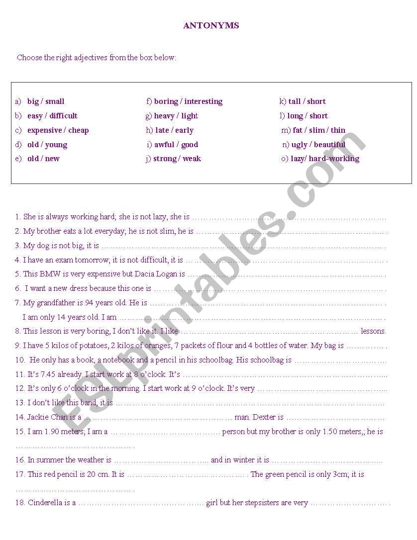 Antonyms worksheet