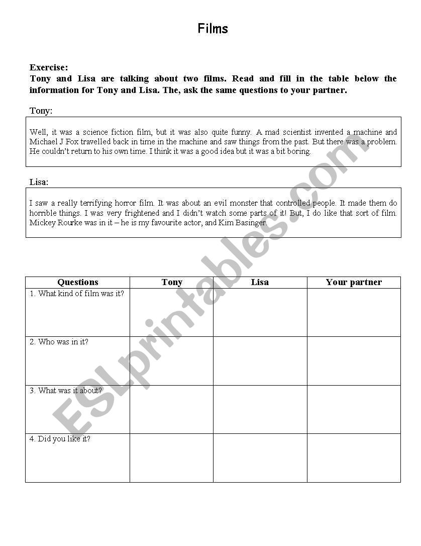 Films worksheet