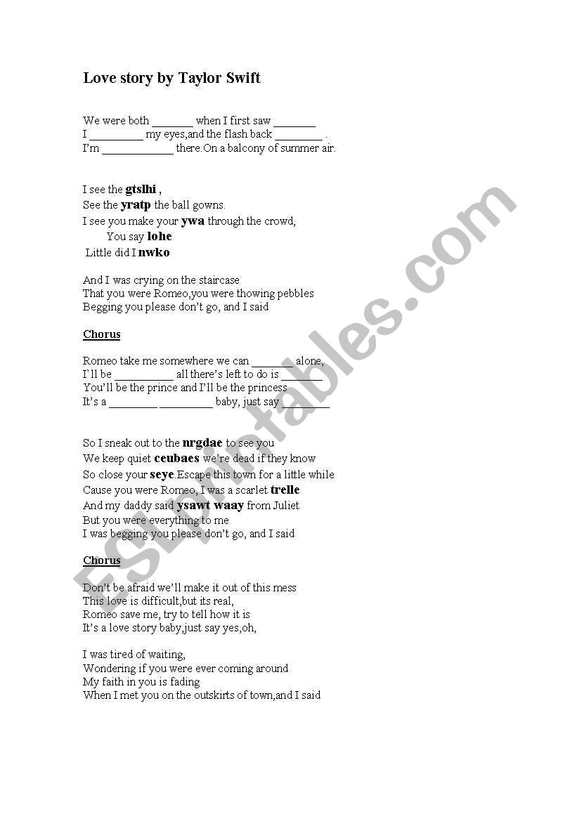 Love story by Taylor Swift  worksheet