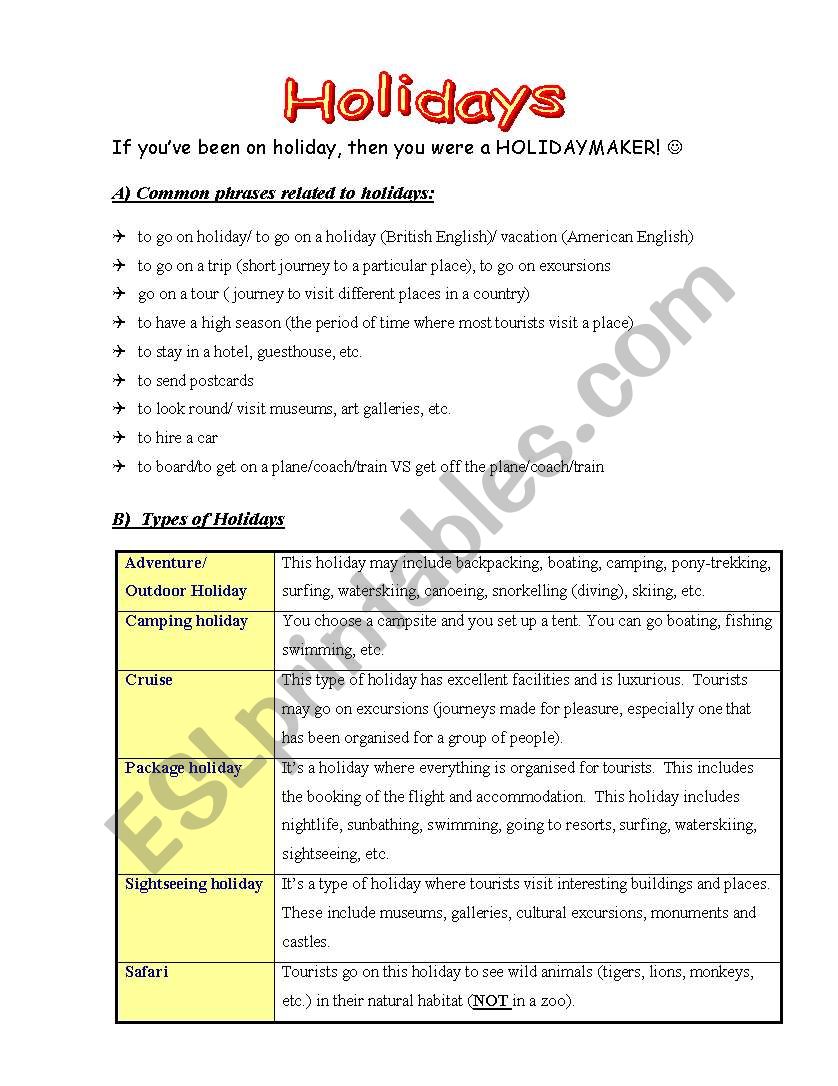 Holidays worksheet